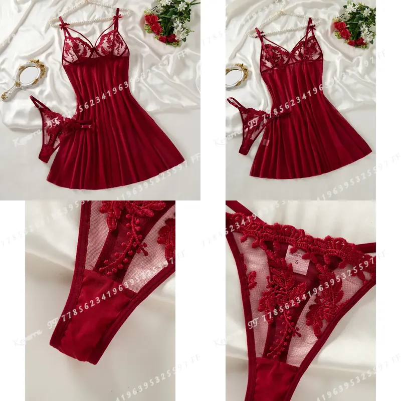 Embroidery Red - Camicia da Notte da Donna Rosso