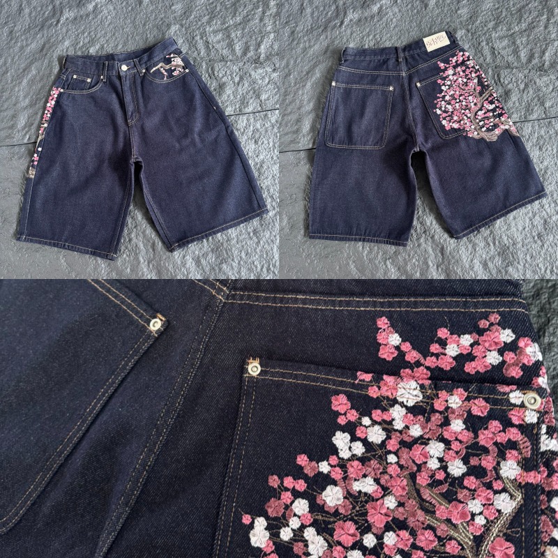 Embroidery Jeans Sakura - Shorts in denim scuro, taglio lungo