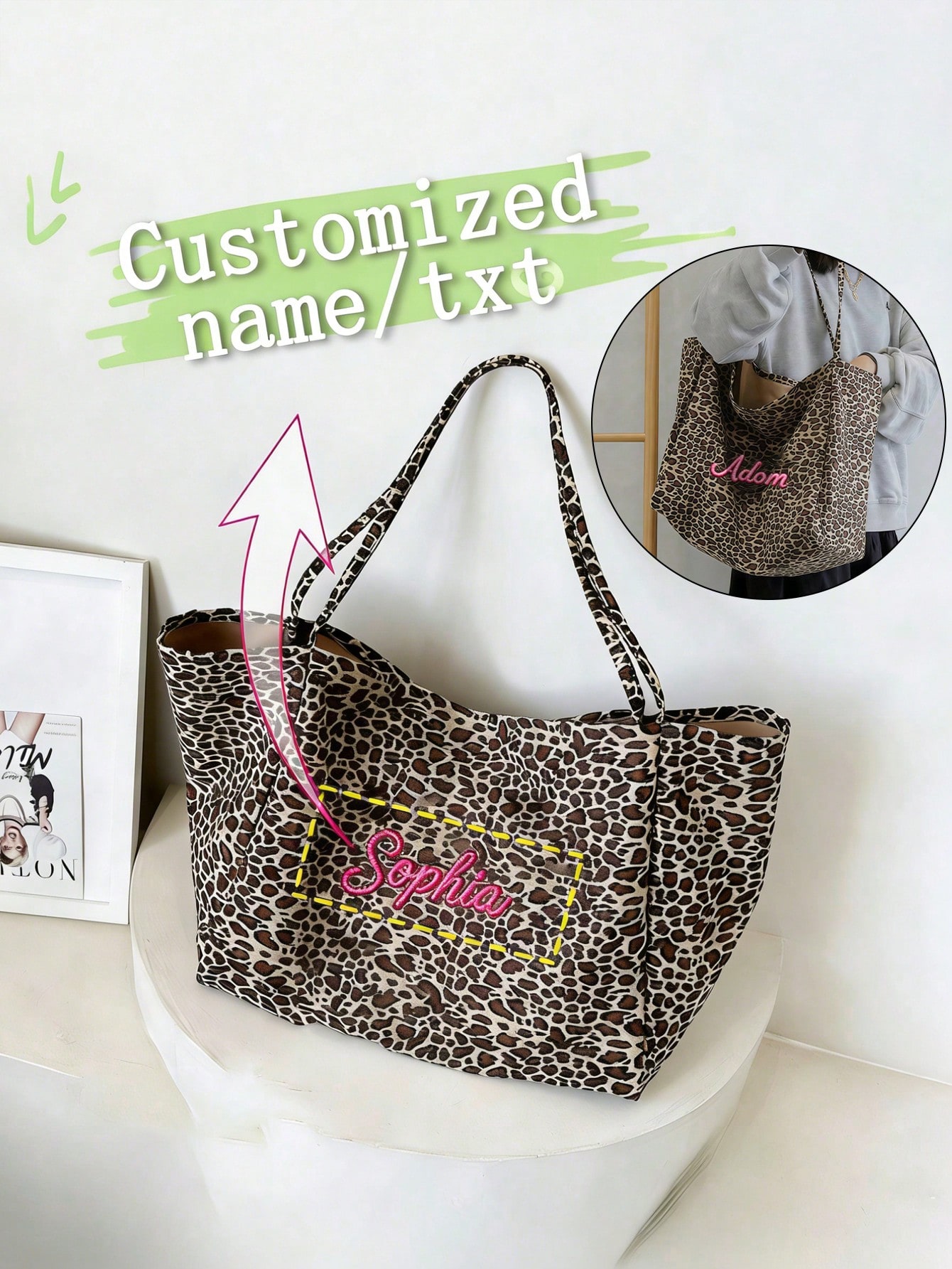 Embroidery Name - Borsa tote con stampa leopardata con