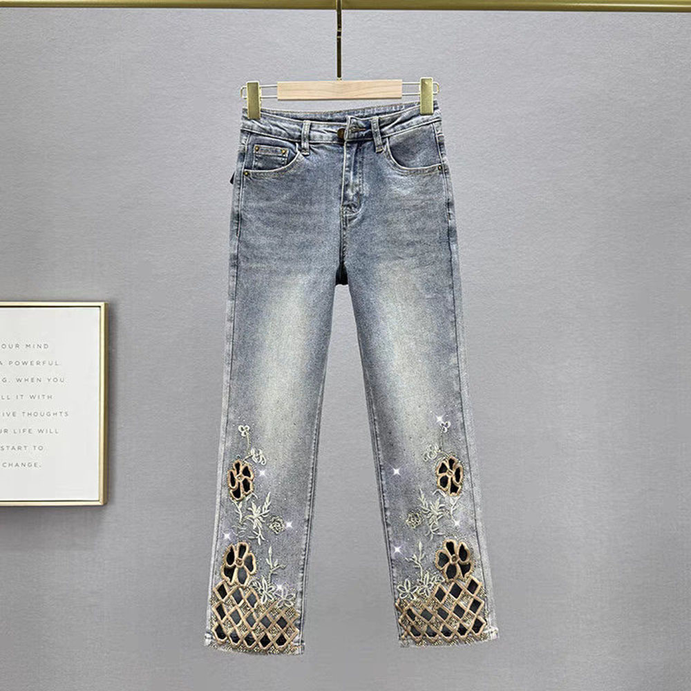 Embroidery Jeans Sakura - Pantaloni di jeans dritti con diamanti